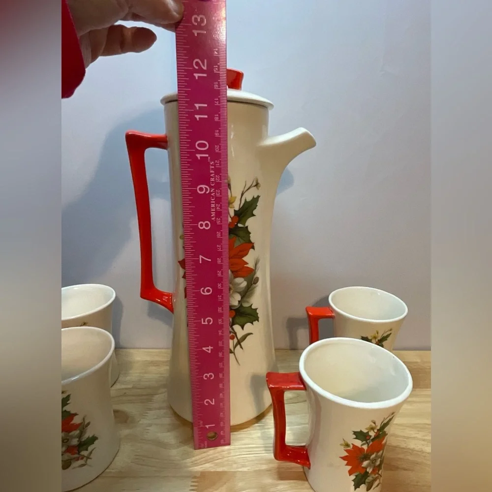 🎄Vintage MCM Arners Poinsettia Flower  Christmas Chocolate Pot & 5 Matching Mugs - Picture 12 of 14